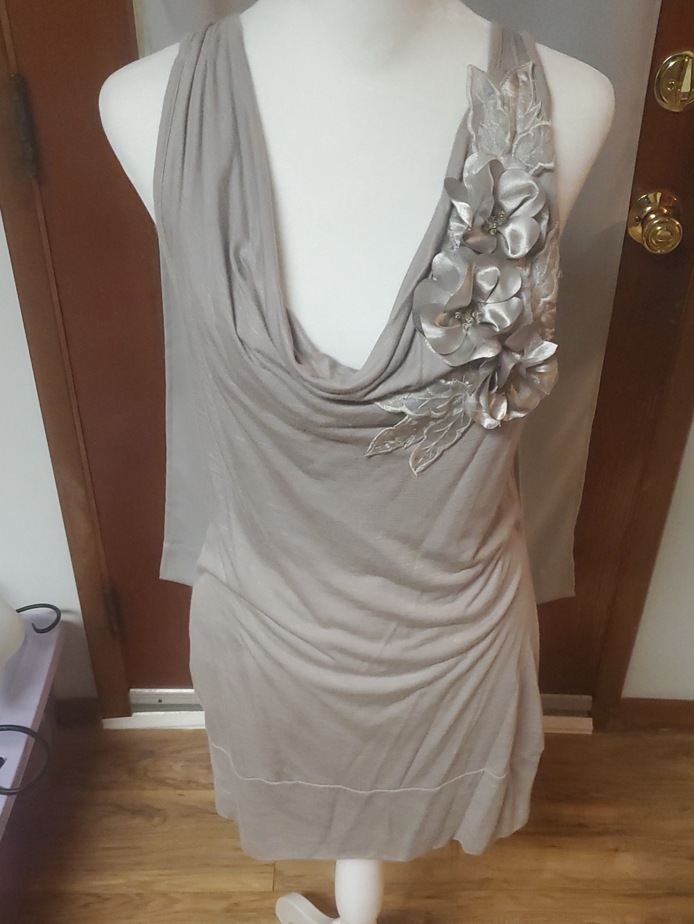 Studio Y Grey And Silver Bodycon Draped Dress with Floral Appliqué Accents